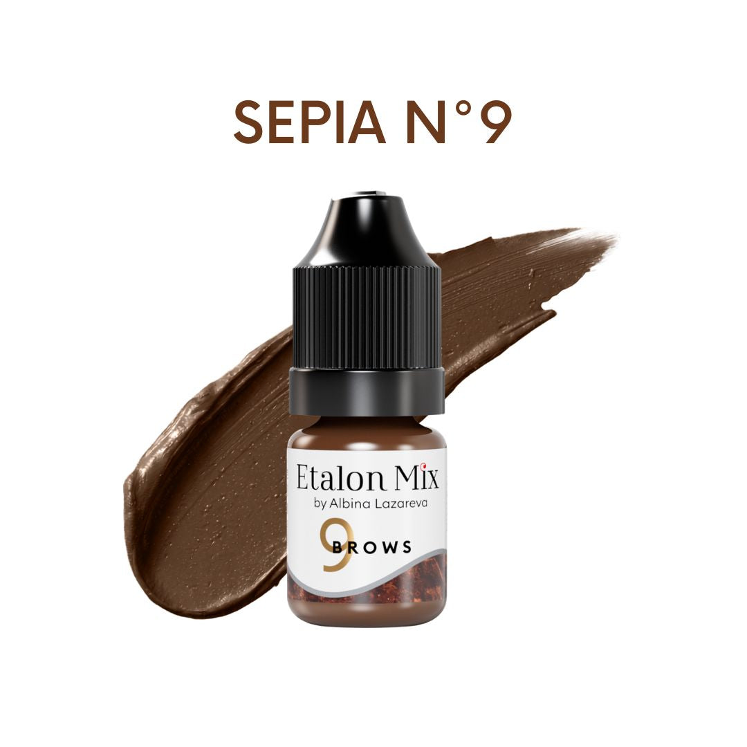 Etalon Mix Sepia Nº9, pigmento mineral profesional para cejas PMU con base rojo-marrón profunda. Ideal para pieles oliva, cabello castaño oscuro y micropigmentación de cejas.