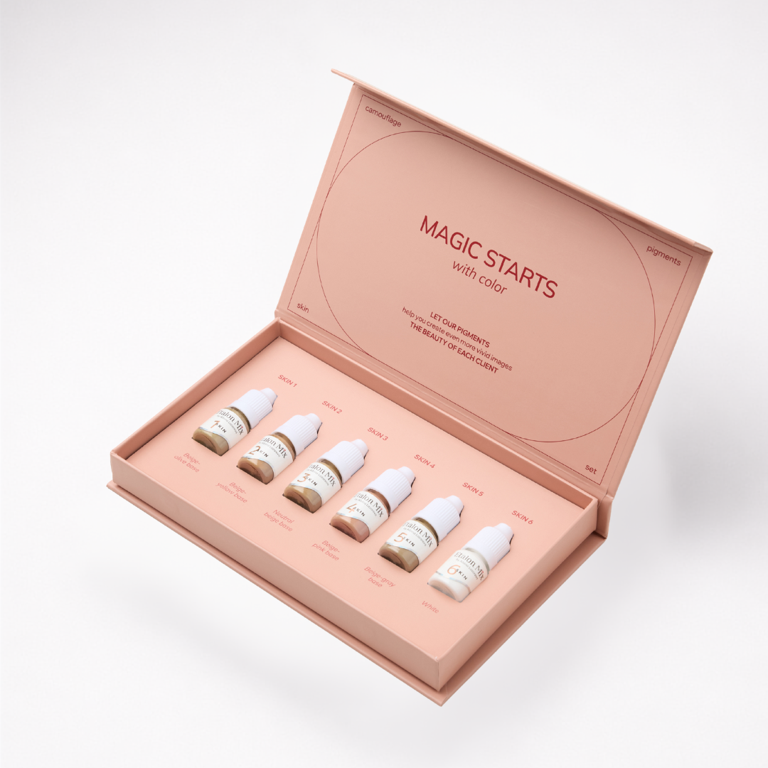 Etalon Mix SKIN 1-6 set abierto con seis pigmentos profesionales para camuflaje de cicatrices, hipopigmentación y dermopigmentación paramédica.