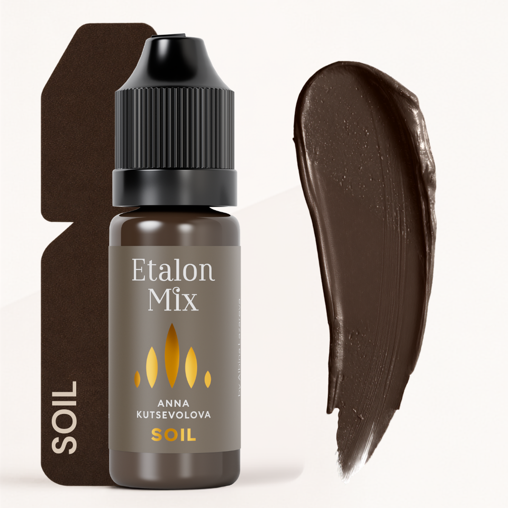 Textura y swatch Etalon Mix Soil pigmento marrón oscuro neutro para técnicas de pelo hiperrealista y mezclas profesionales PMU