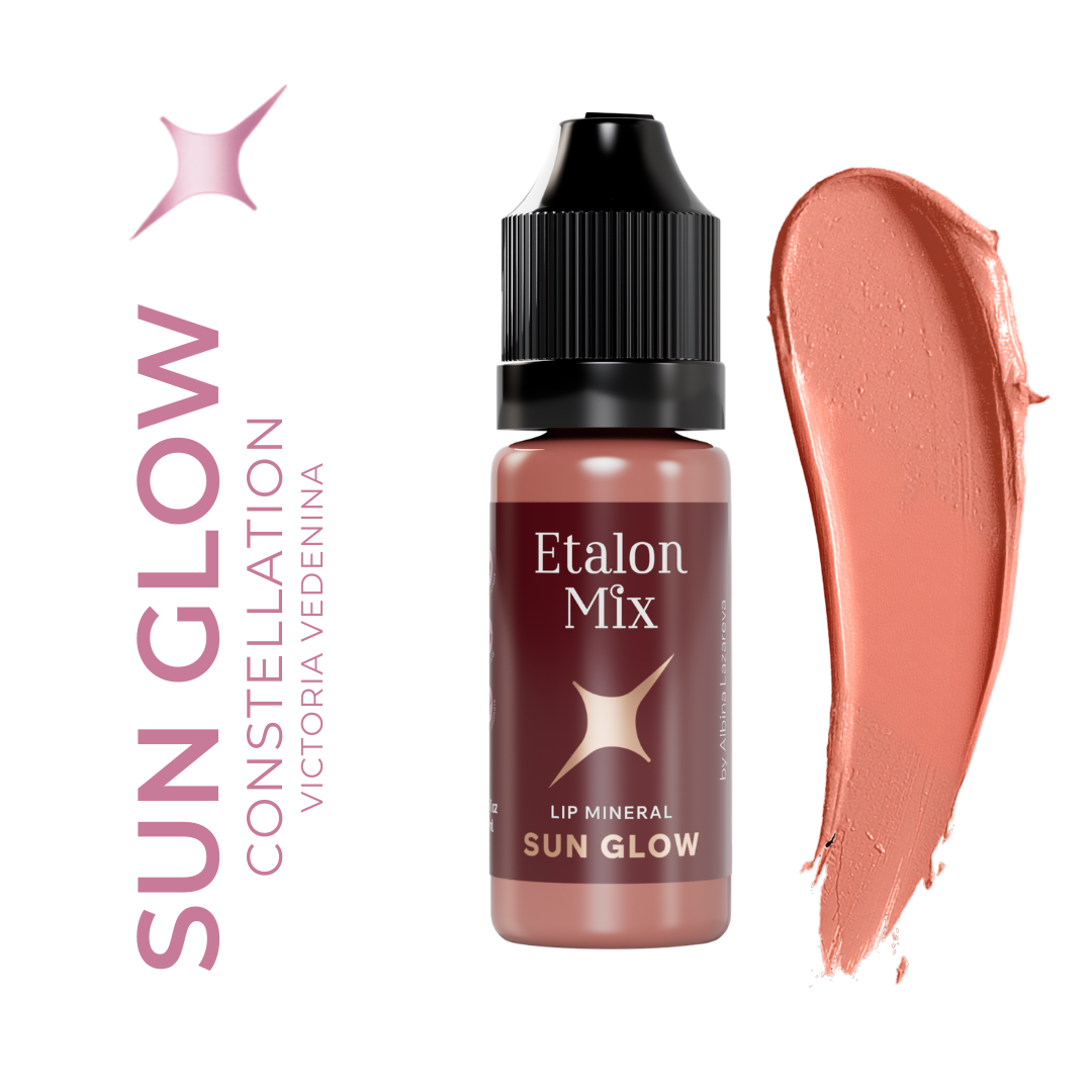 Swatch del pigmento PMU mineral Etalon Mix Sun Glow coral melocotón cálido para aportar luminosidad y equilibrar mezclas de labios