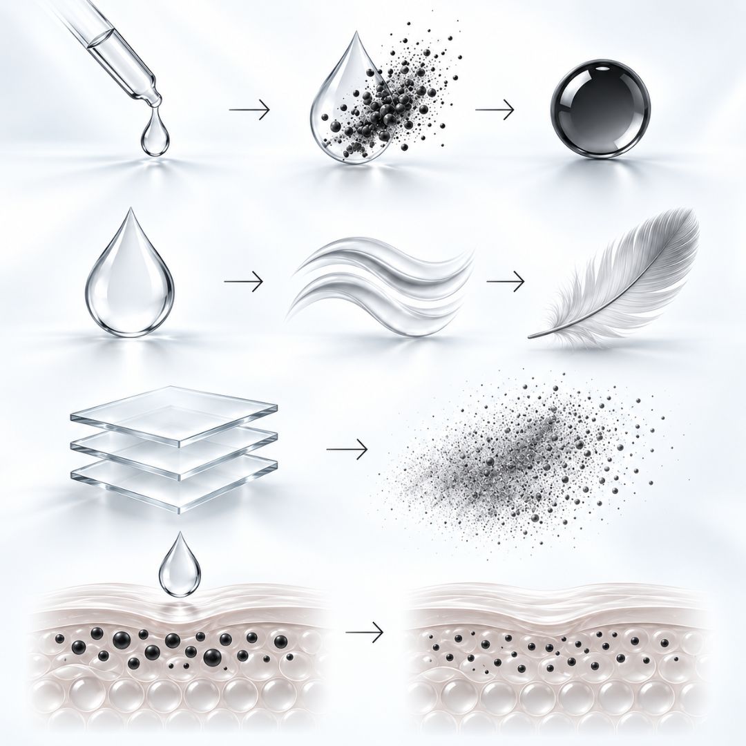 Infografía conceptual Etalon Mix Thinner sobre dilución, fluidez y reducción de concentración en mezclas de pigmentos PMU