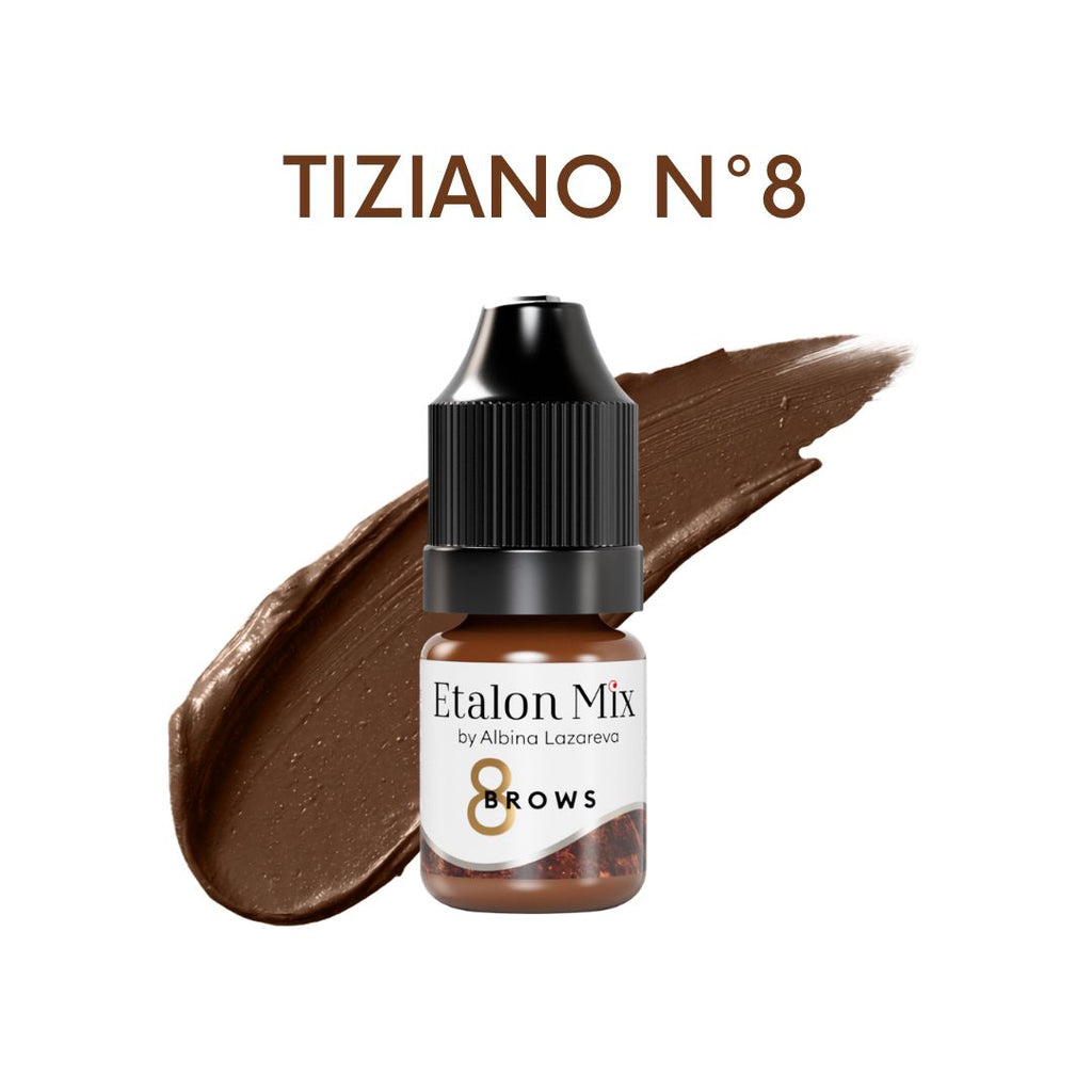 Etalon Mix Tiziano Nº8, pigmento mineral profesional para cejas PMU con base rojo-marrón cálida. Perfecto para cejas naturales, mezclas personalizadas y fototipos Fitzpatrick I-IV.