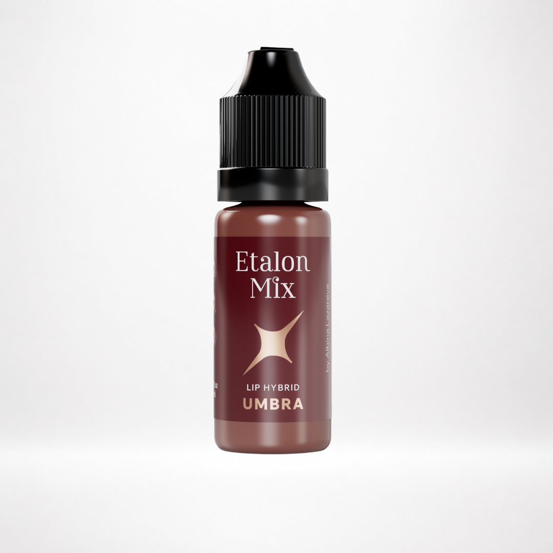 Pigmento PMU hibrido para labios Etalon Mix Umbra marron oscuro frio en frasco profesional sobre fondo blanco