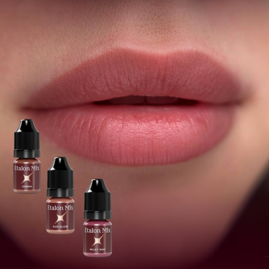 Resultado visual de mezcla para labios con pigmentos Etalon Mix Umbra, Sun Glow y Milky Way en tonalidad nude marron rosada