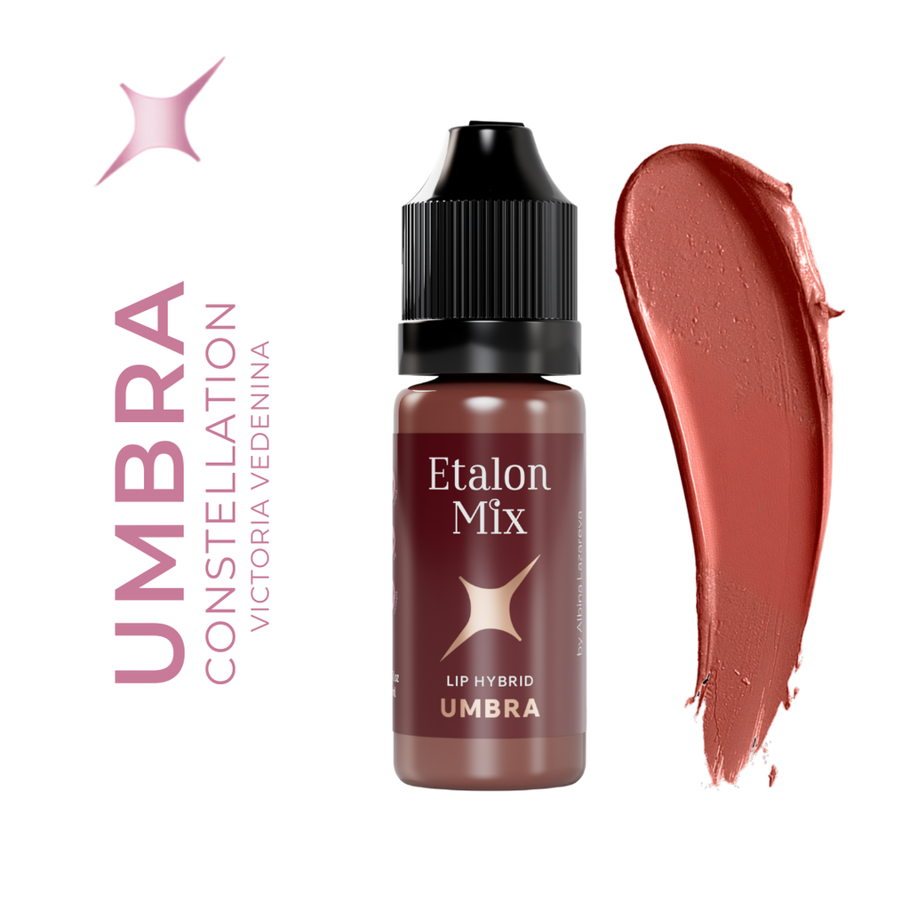 Swatch del pigmento PMU hibrido Etalon Mix Umbra marron oscuro frio utilizado para profundizar mezclas profesionales de labios