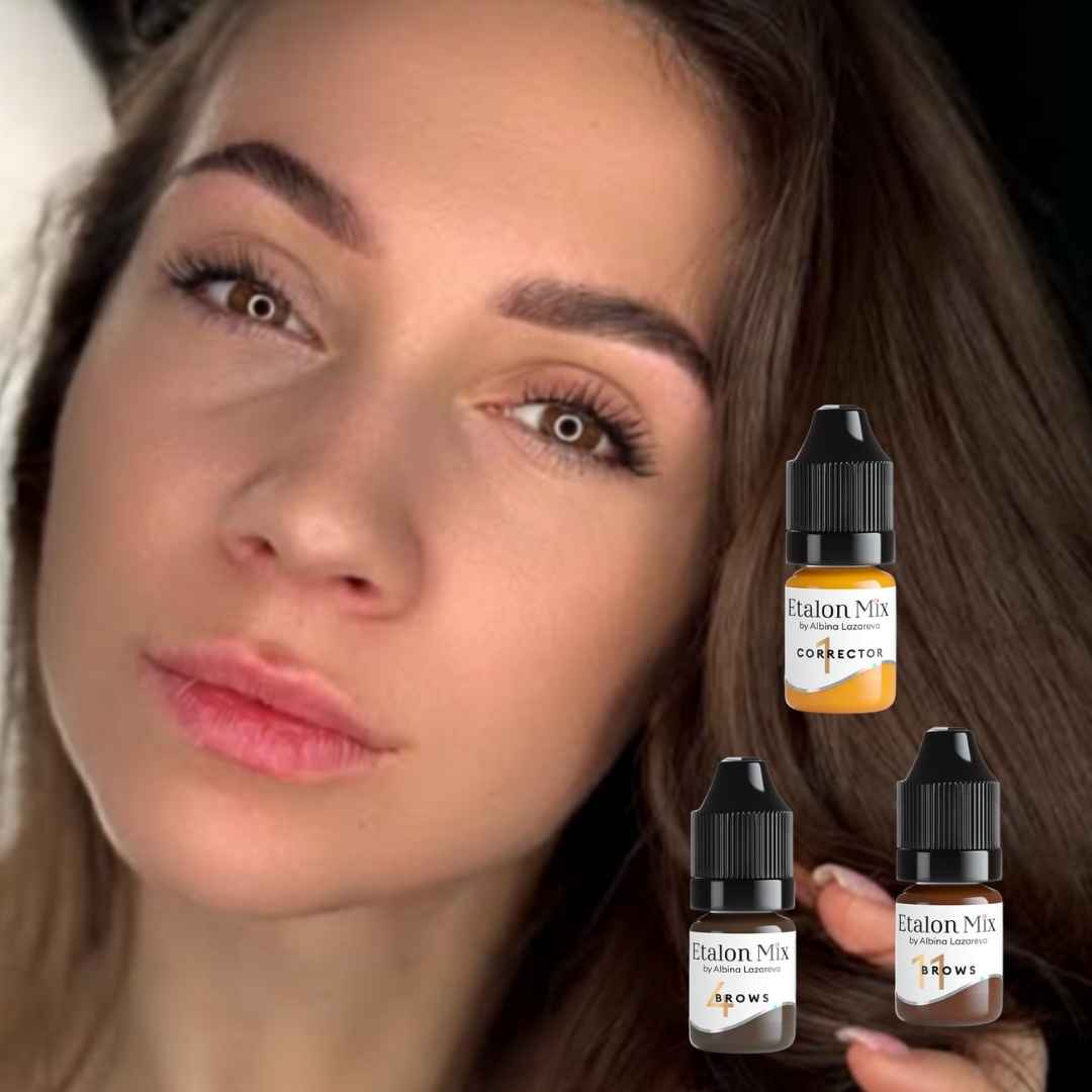 Simulación visual de corrección cromática para cejas con Etalon Mix Yellow 1 y pigmentos marrones de la línea Albina Lazareva