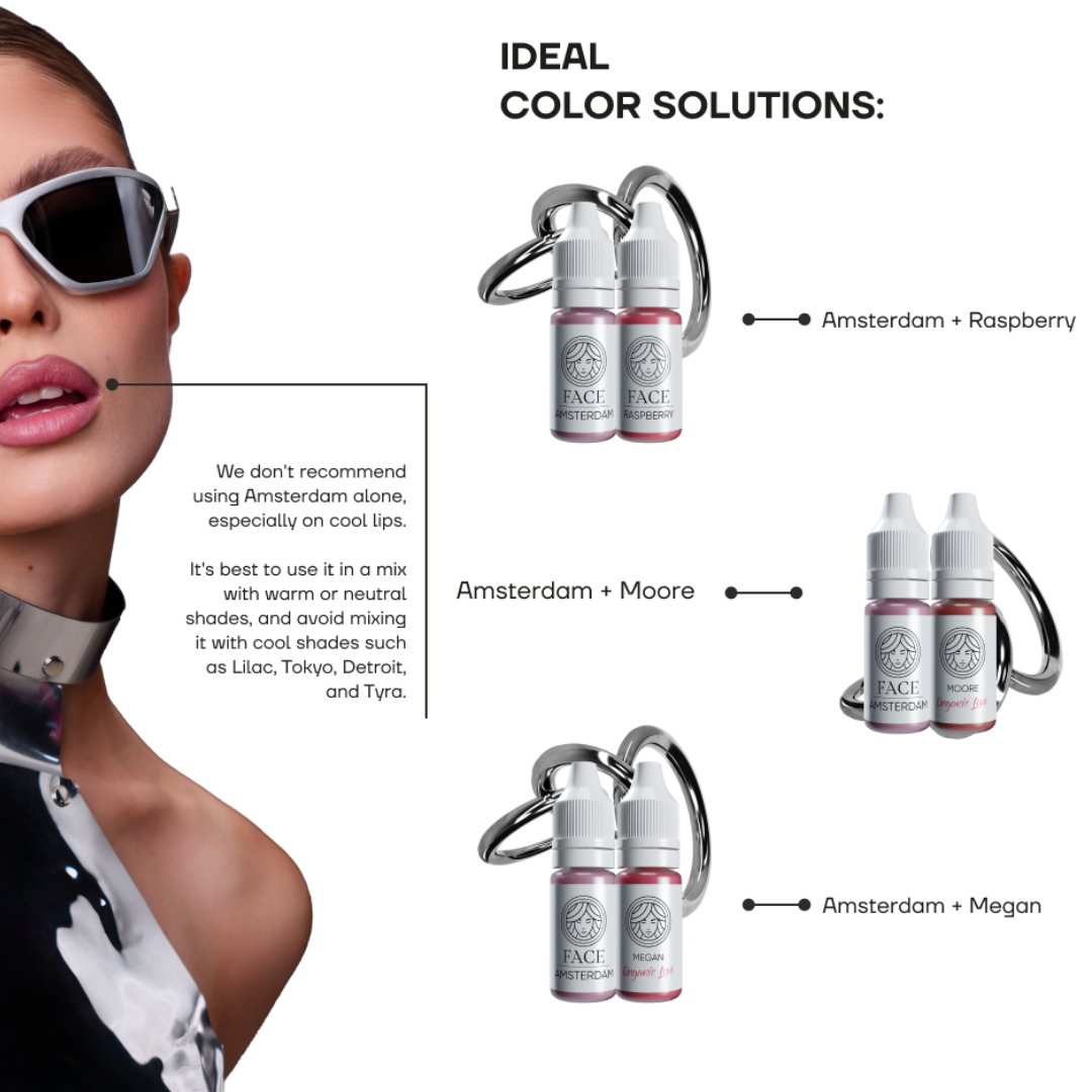 Mezclas pigmento PMU FACE Amsterdam con Raspberry Moore y Megan para labios dusty pink nude sofisticados