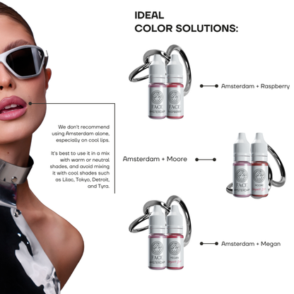 Mezclas pigmento PMU FACE Amsterdam con Raspberry Moore y Megan para labios dusty pink nude sofisticados