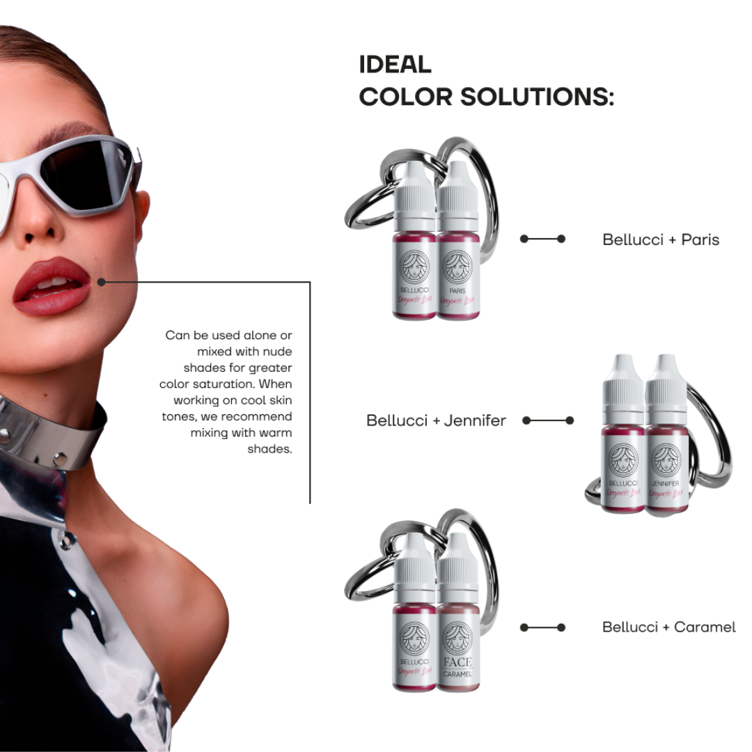 Mezclas pigmento PMU Bellucci combinaciones con Paris Toffee y Caramel para resultados personalizados en labios