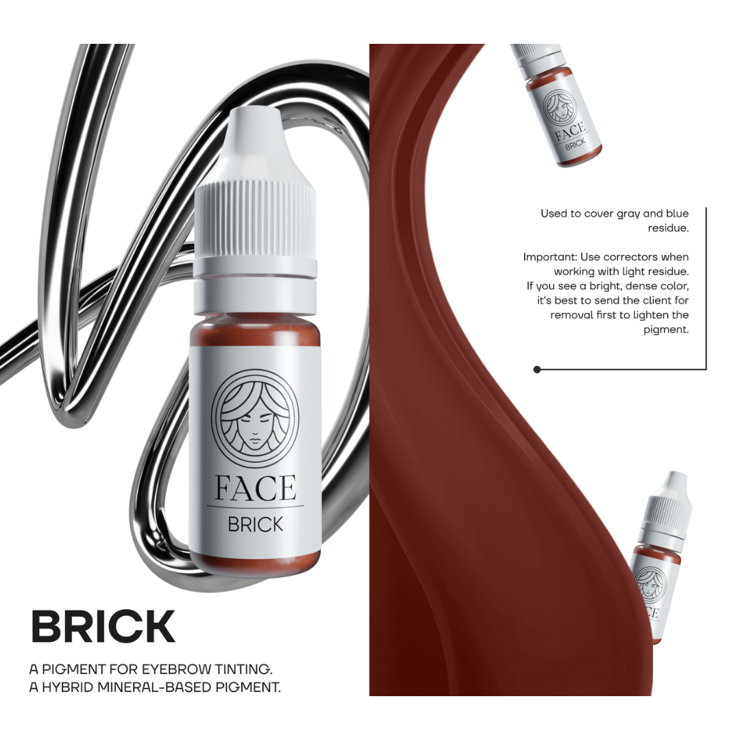 Corrector PMU FACE Brick para neutralizar residuos grises y azulados en cejas pigmentadas corrección profesional de micropigmentación