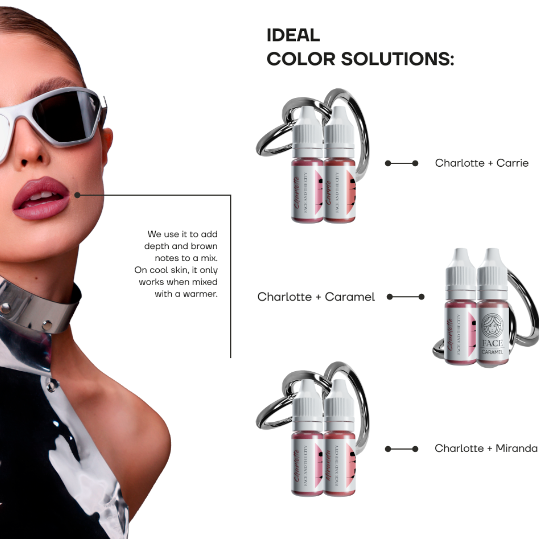 Pigmento PMU labios FACE Charlotte combinaciones con Carrie Victoria Megan y Cosmopolitan para aportar profundidad y matiz marrón
