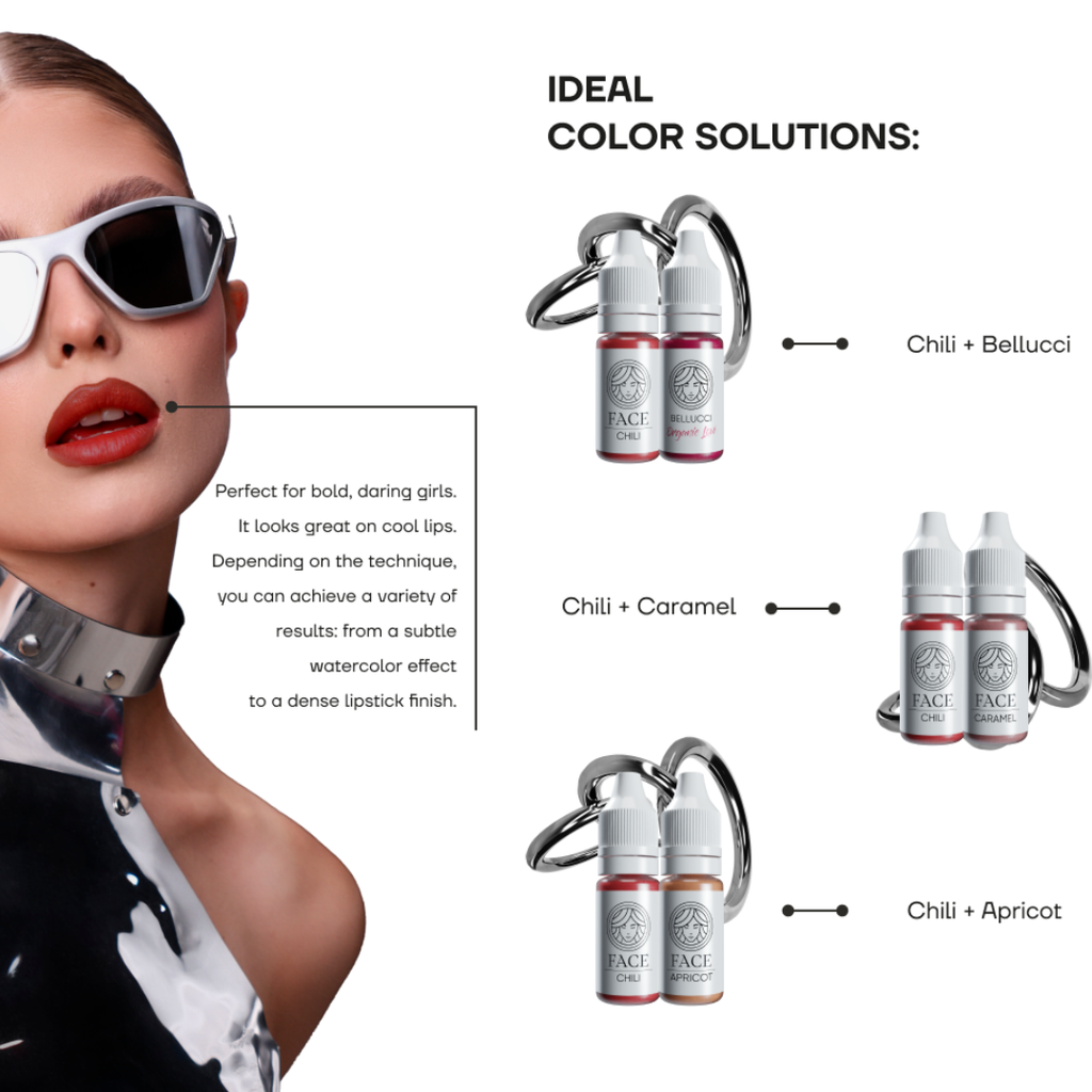 Guía de mezclas pigmento PMU FACE Chili combinaciones con Bellucci Caramel y Apricot para labios rojos cálidos y corales