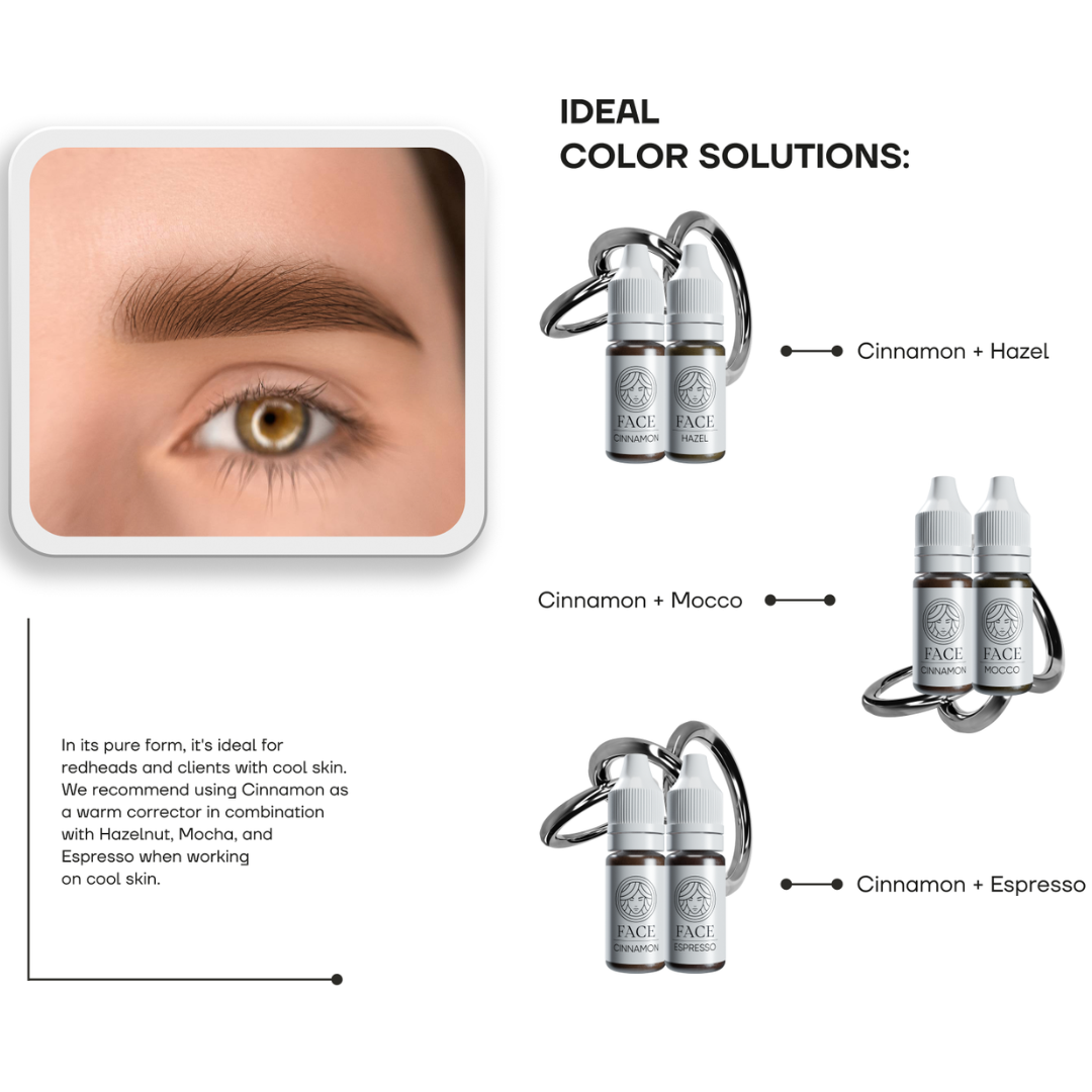 Combinaciones pigmento PMU FACE Cinnamon con Hazel Mocco y Espresso para cejas cálidas naturales