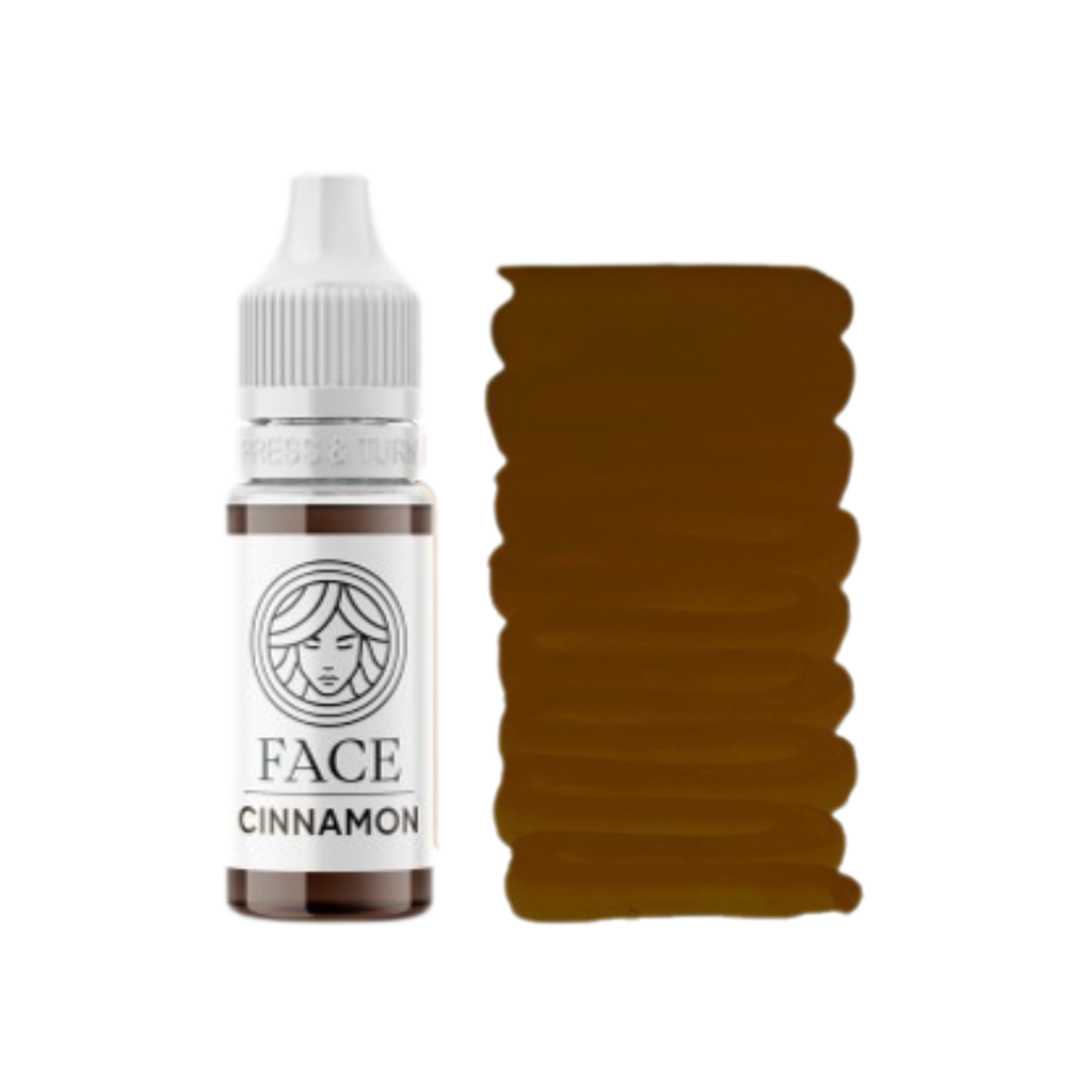Textura y swatch pigmento PMU FACE Cinnamon marrón cálido para micropigmentación profesional de cejas