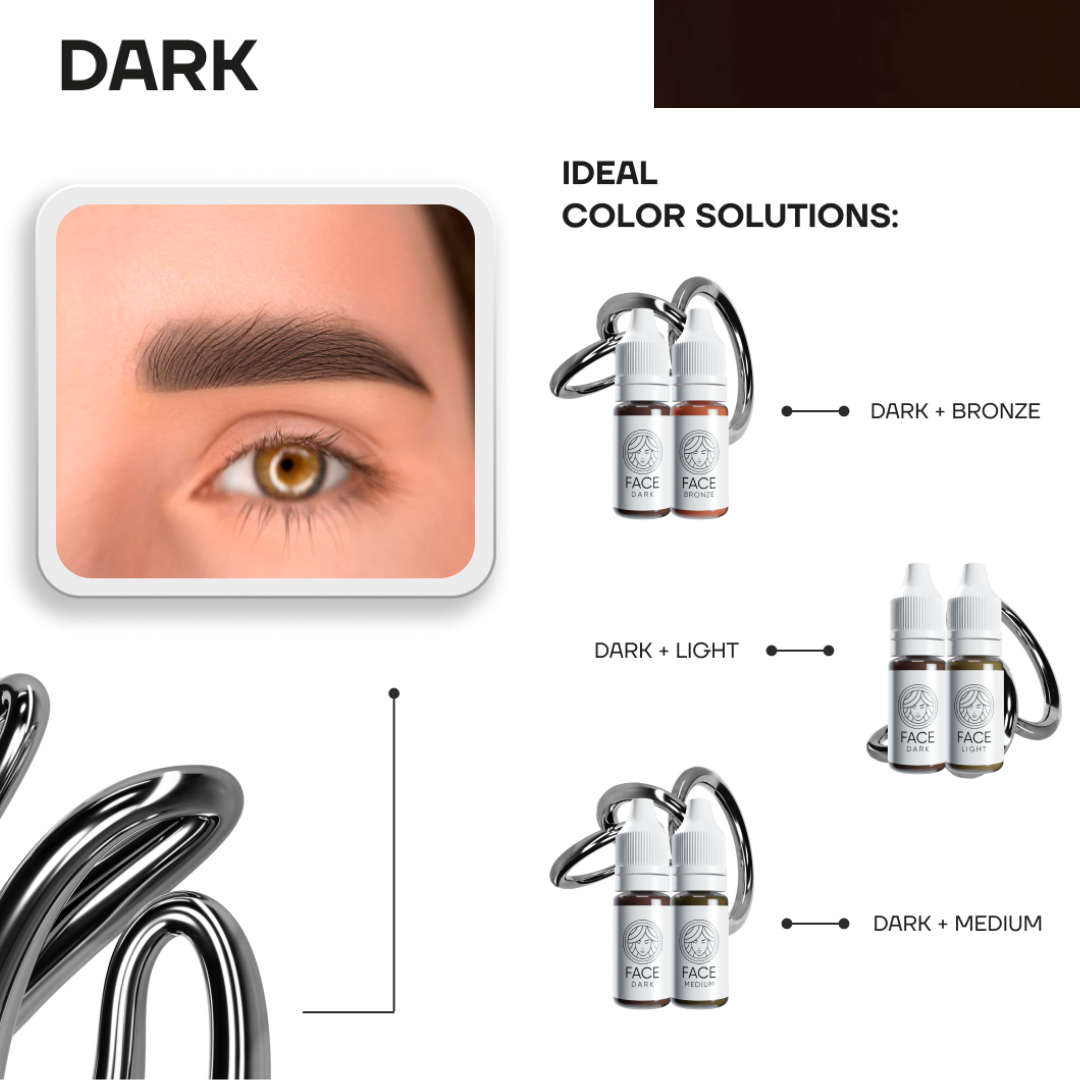 Mezclas profesionales FACE Dark para micropigmentación de cejas con combinaciones Dark + Warm Dark + Medium y Dark + Black Brown en pigmentos minerales PMU