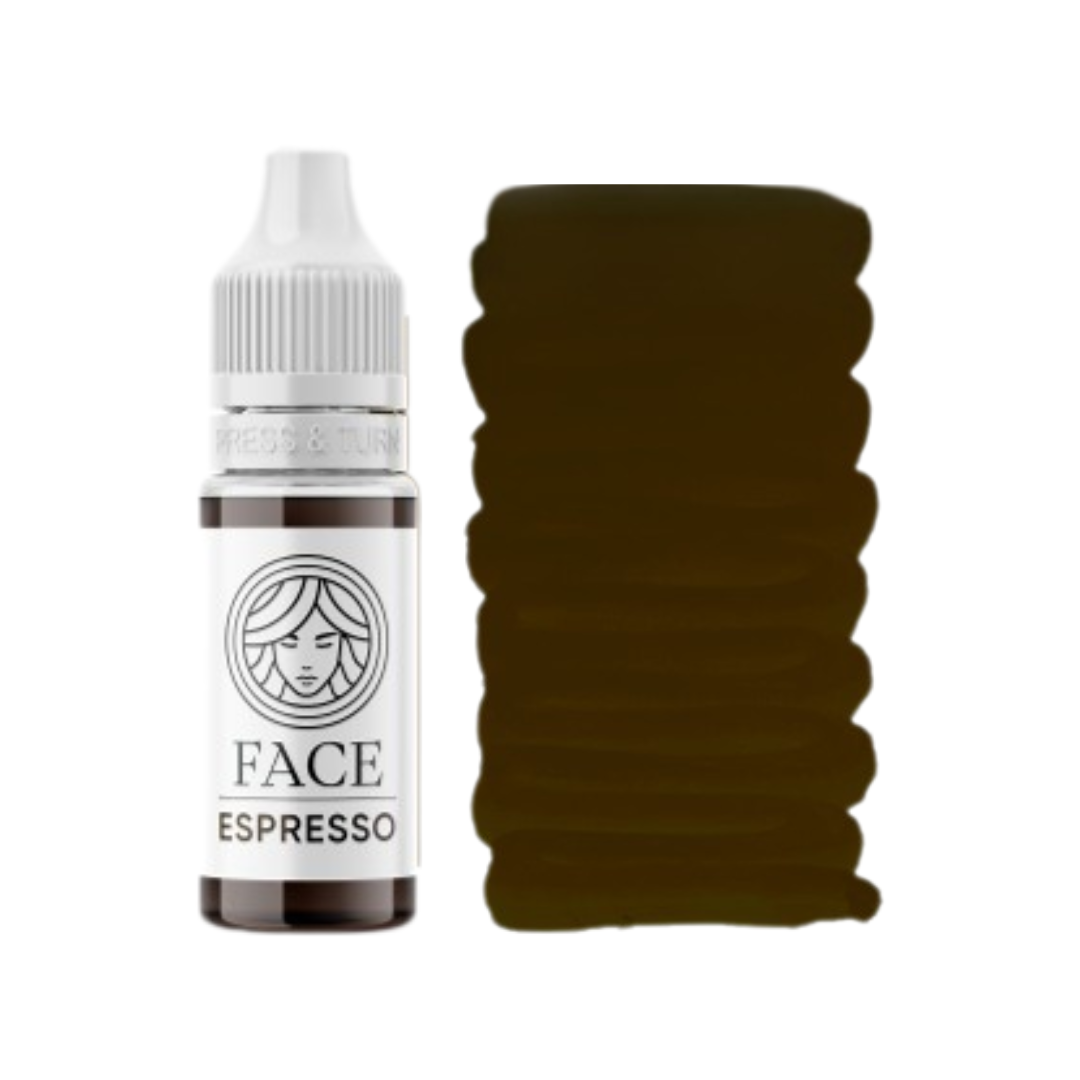 Textura y swatch del pigmento PMU FACE Espresso marrón oscuro intenso para micropigmentación profesional de cejas