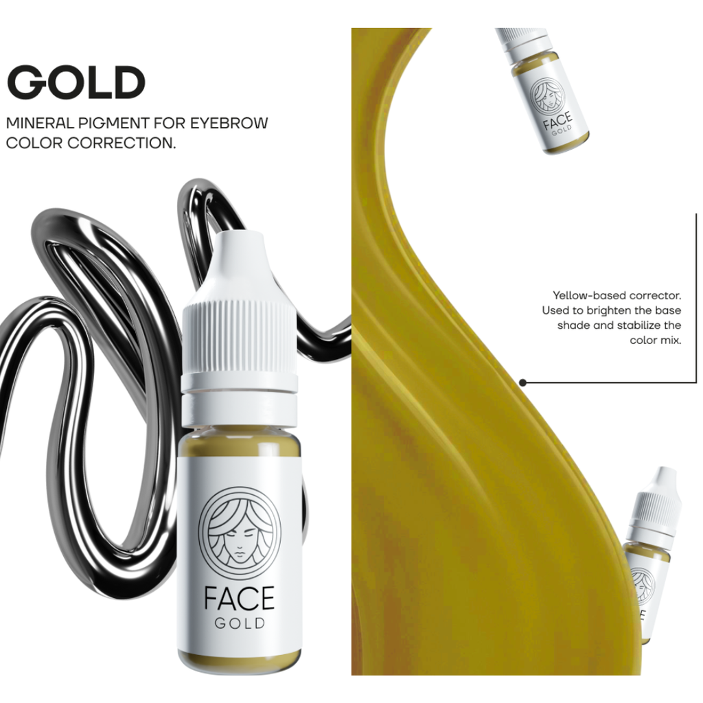 Corrector mineral FACE Gold amarillo para micropigmentación de cejas utilizado para iluminar mezclas y neutralizar subtonos violáceos