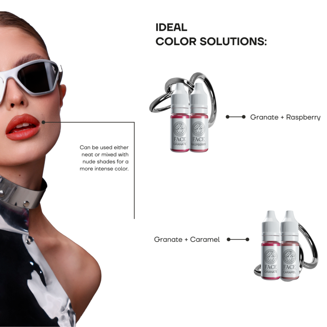Guía de mezclas pigmento PMU FACE Granate combinaciones con Raspberry y Caramel para labios rojos intensos y rosados