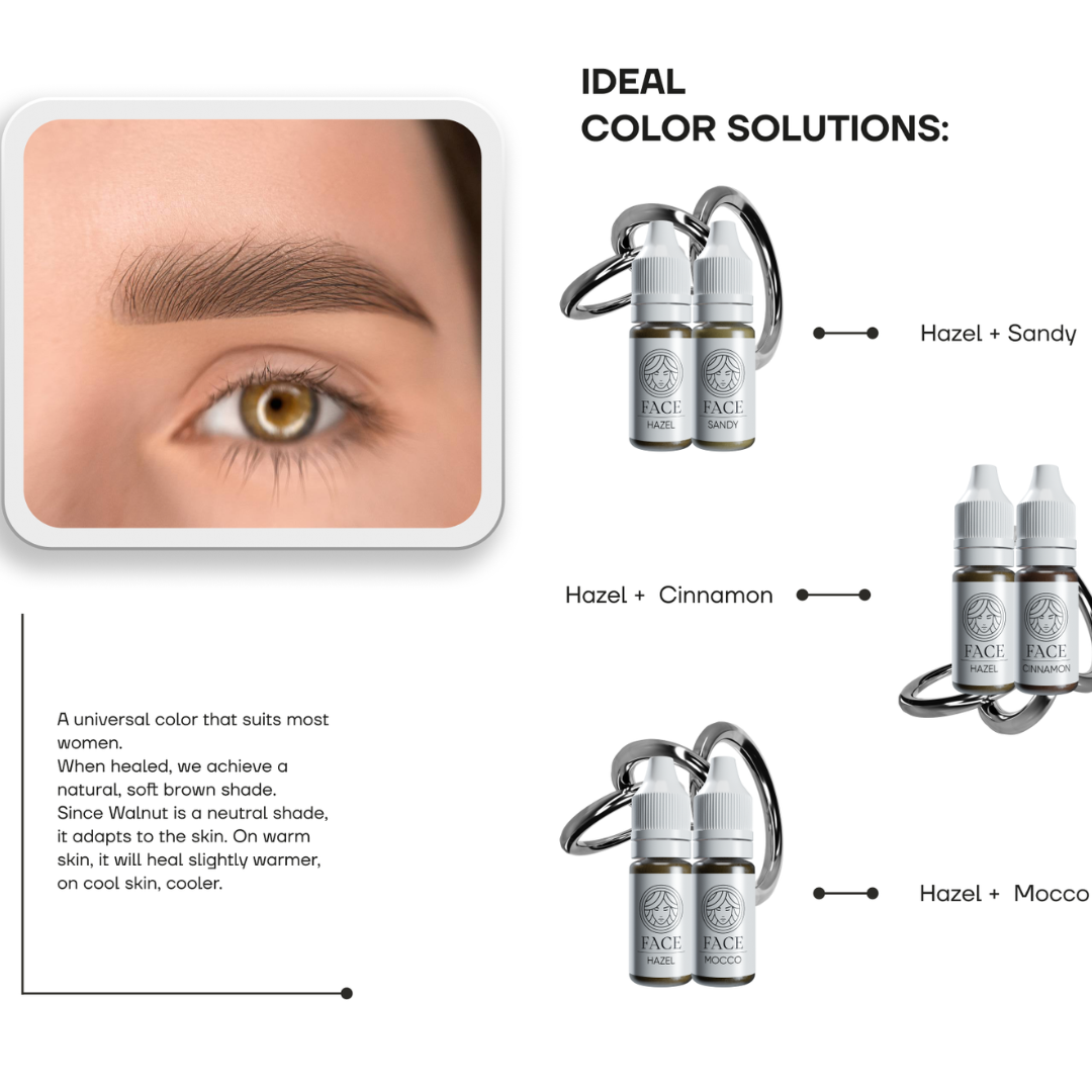 Guía de mezclas pigmento PMU FACE Hazel con Sandy Cinnamon y Mocco para cejas naturales y marrones personalizados