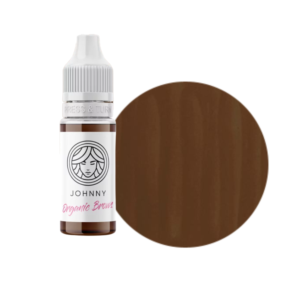 Textura y swatch del pigmento PMU FACE Johny para cejas marrón neutro orgánico híbrido con acabado natural definido