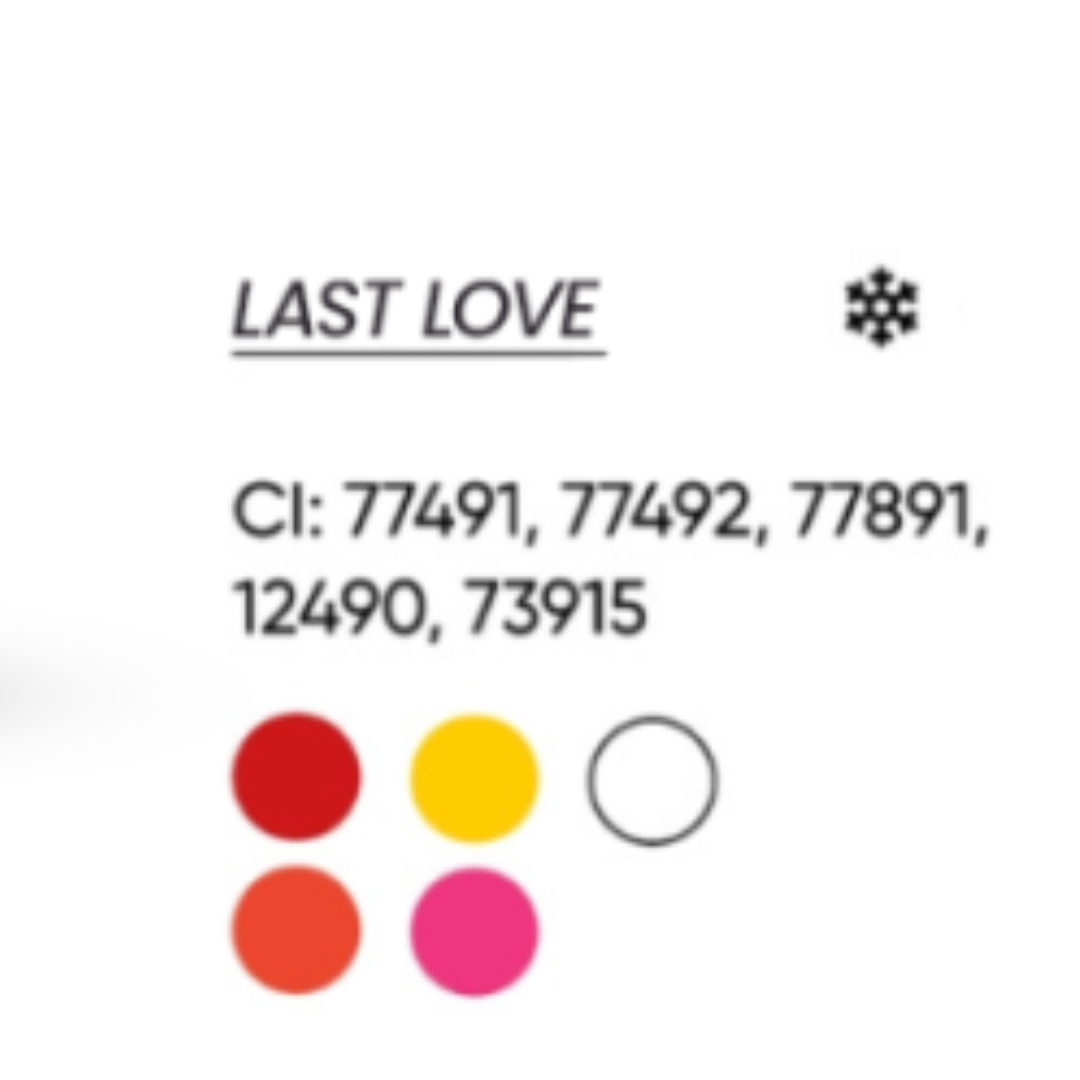 INCI pigmento PMU FACE Last Love CI 77491 CI 77492 CI 77891 CI 12490 CI 73915 composición para labios nude rojo híbrido mineral