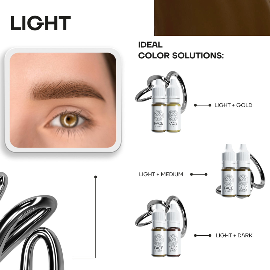 FACE Light pigmento mineral PMU para cejas con guía de mezclas Light Gold Medium y Dark