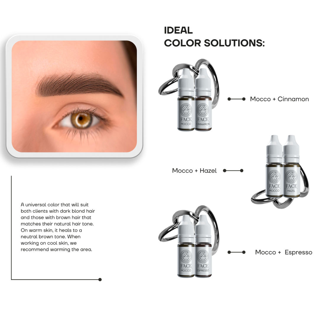 Combinaciones pigmento PMU FACE Mocco con Cinnamon Hazel y Espresso para cejas naturales profundas