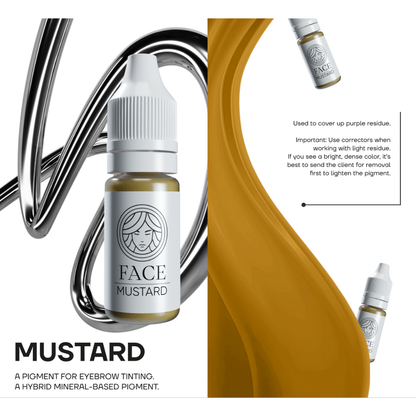 Corrector PMU FACE Mustard para cejas pigmento híbrido amarillo cálido diseñado para neutralizar residuos violetas y azulados en micropigmentación