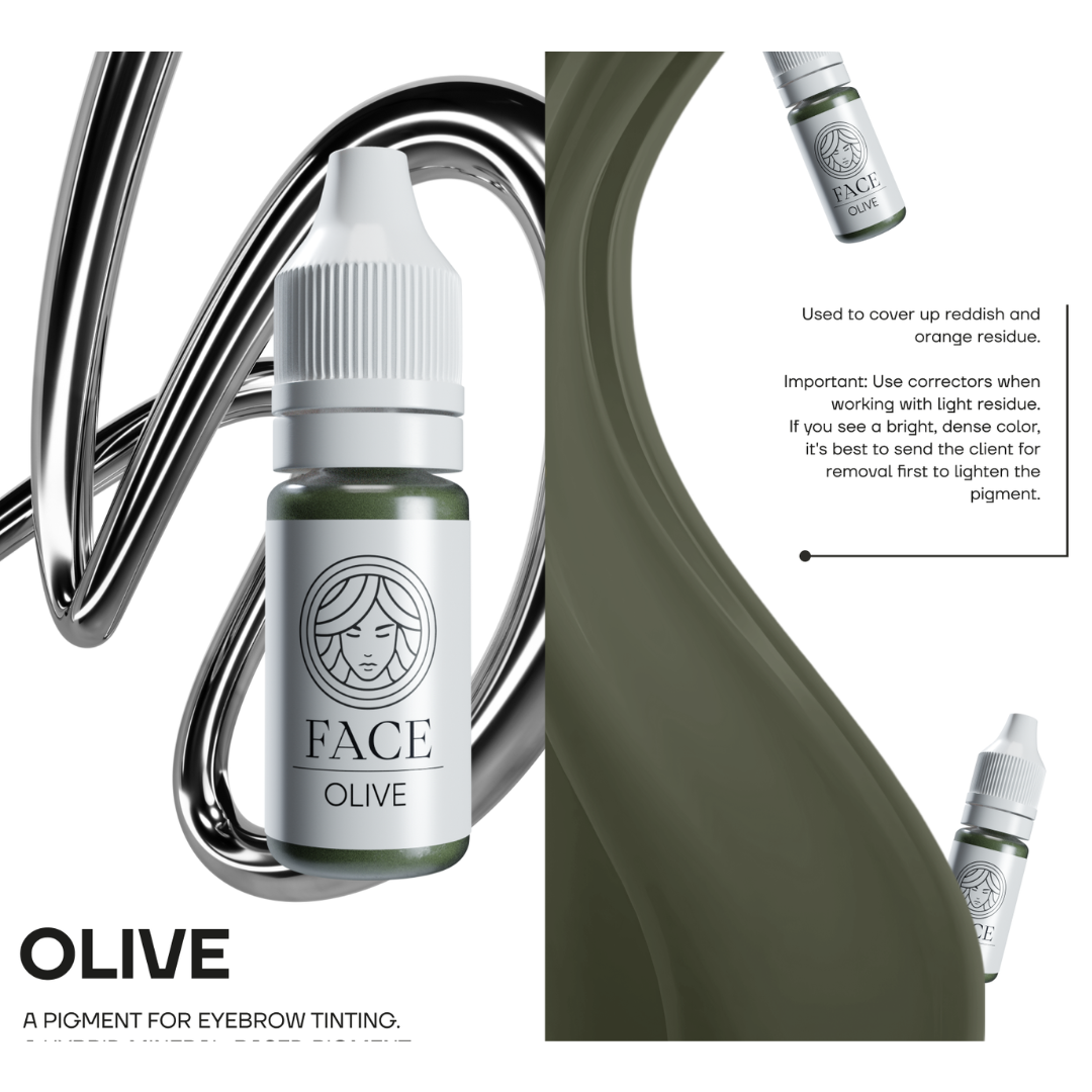 Corrector PMU FACE Olive para neutralizar residuos rojizos y anaranjados en cejas pigmentadas corrección profesional de micropigmentación