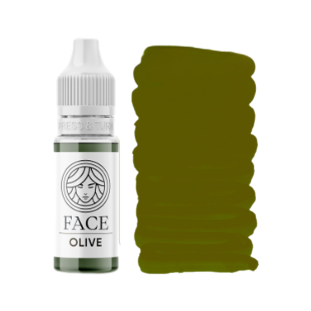 Textura y swatch del corrector PMU FACE Olive verde oliva para neutralizar cejas rojizas y anaranjadas en micropigmentación