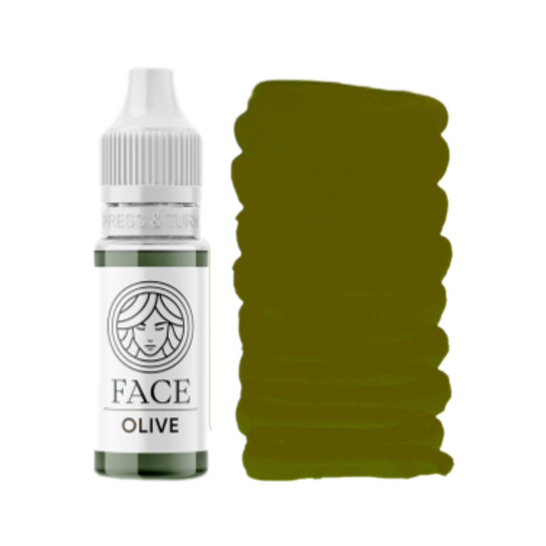 Textura y swatch del corrector PMU FACE Olive verde oliva para neutralizar cejas rojizas y anaranjadas en micropigmentación