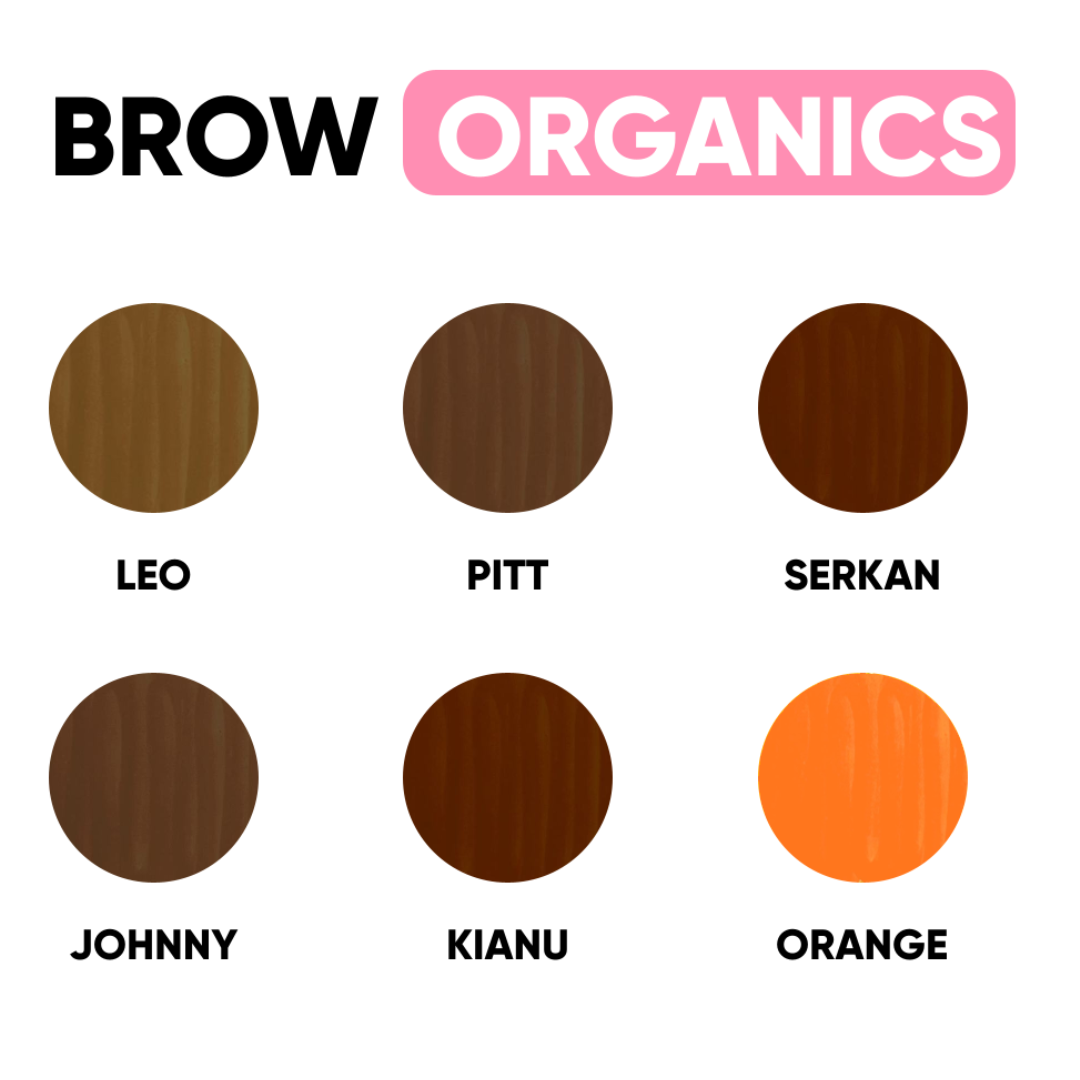Carta de colores FACE Organic Brows con Orange corrector PMU para cejas junto a Leo Pitt Serkan Johny y Keanu
