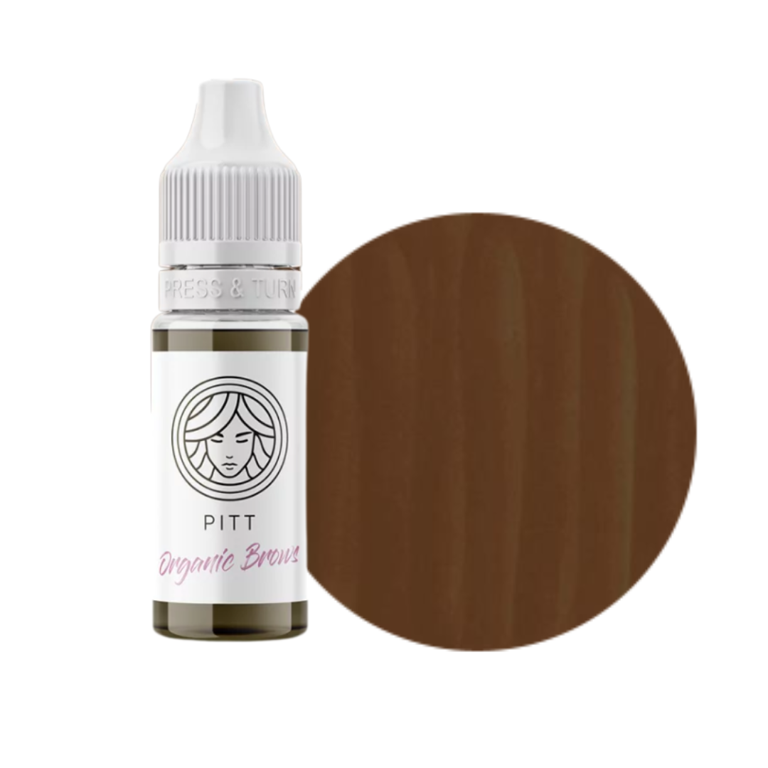 Textura y swatch pigmento PMU FACE Organic Pitt color rubio beige neutro para cejas suaves y naturales profesionales