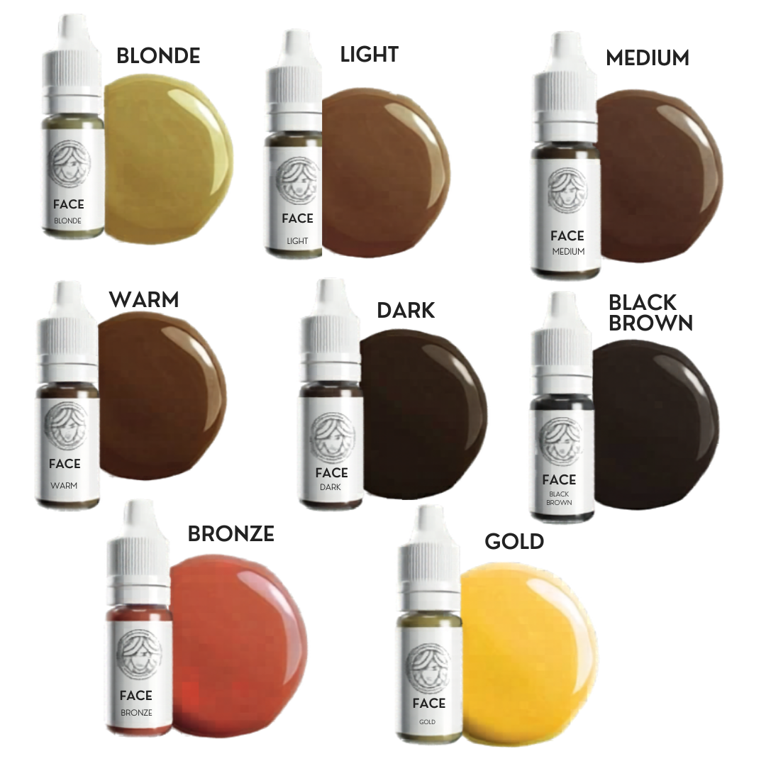 Carta de colores FACE pigmentos minerales para cejas con tonos Blonde Light Medium Warm Dark Black Brown Bronze y Gold