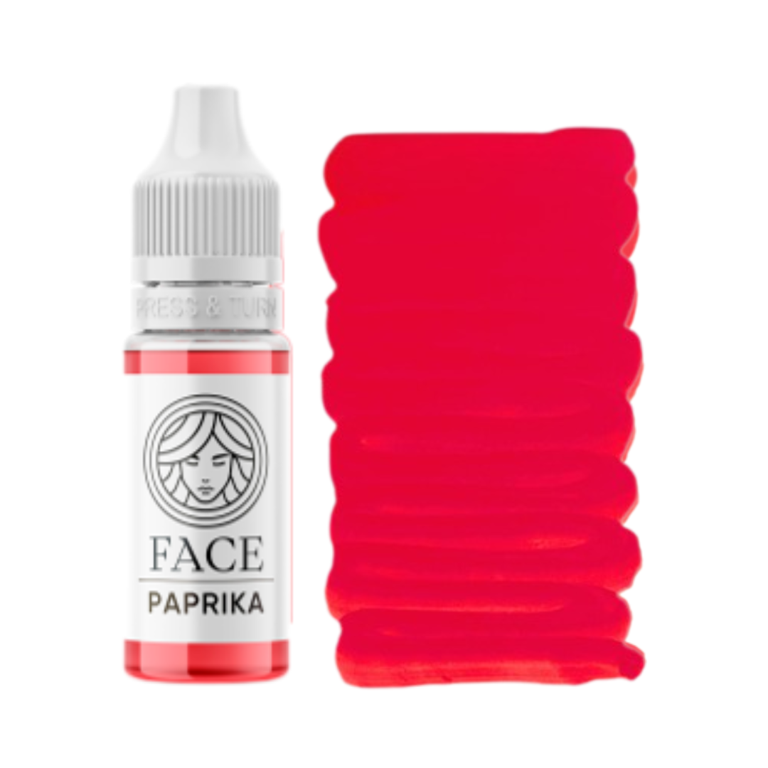 Textura swatch pigmento PMU FACE Paprika rojo rosa cálido intenso efecto lipstick vibrante para micropigmentación de labios