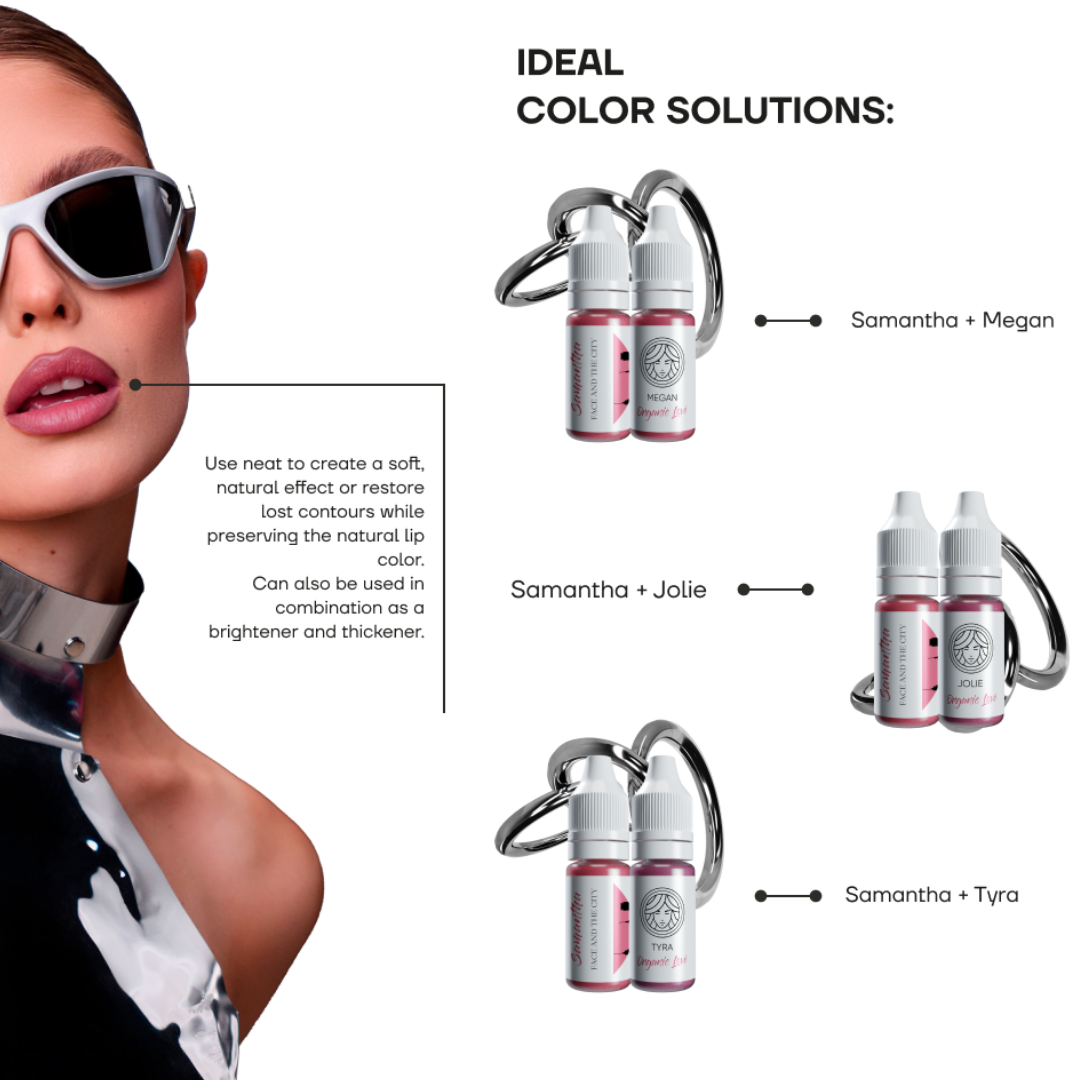 Pigmento PMU labios FACE Samantha mezclas profesionales con Megan Jolie y Tyra para aclarar suavizar y personalizar tonos labiales