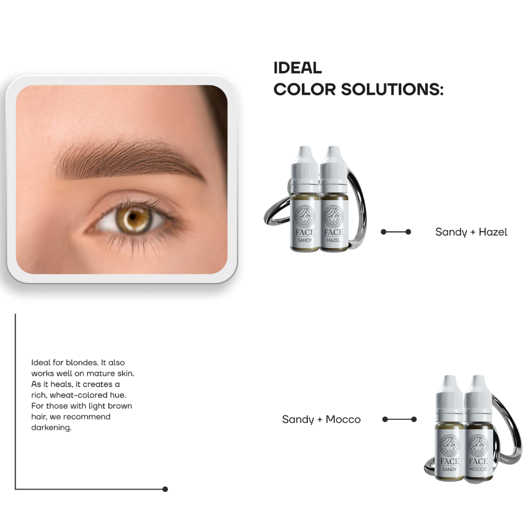 Mezclas recomendadas pigmento PMU FACE Sandy con Hazel y Mocco para cejas naturales y marrones suaves