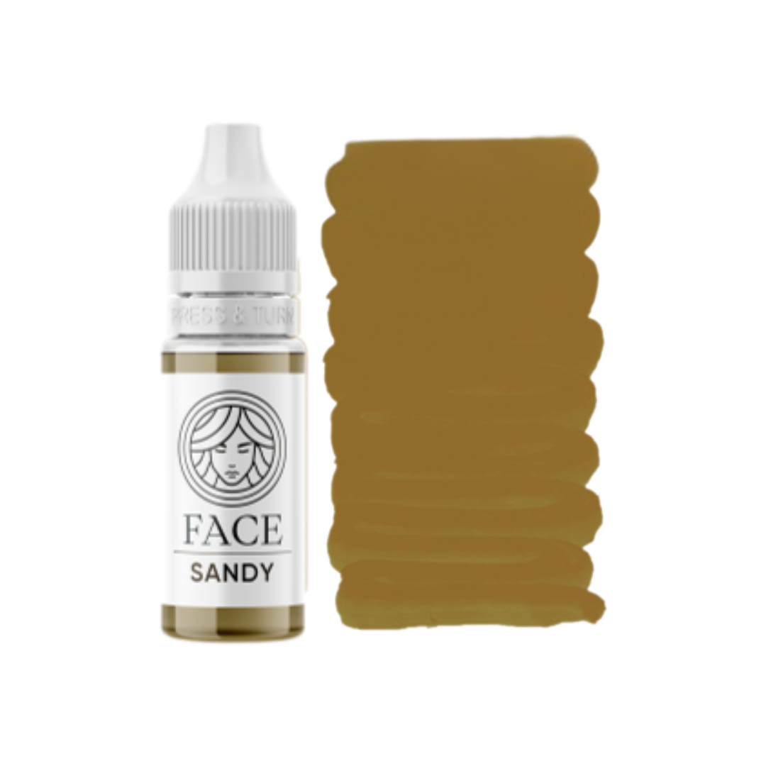 Textura swatch pigmento PMU FACE Sandy marrón trigo cálido para cejas suaves naturales y piel madura