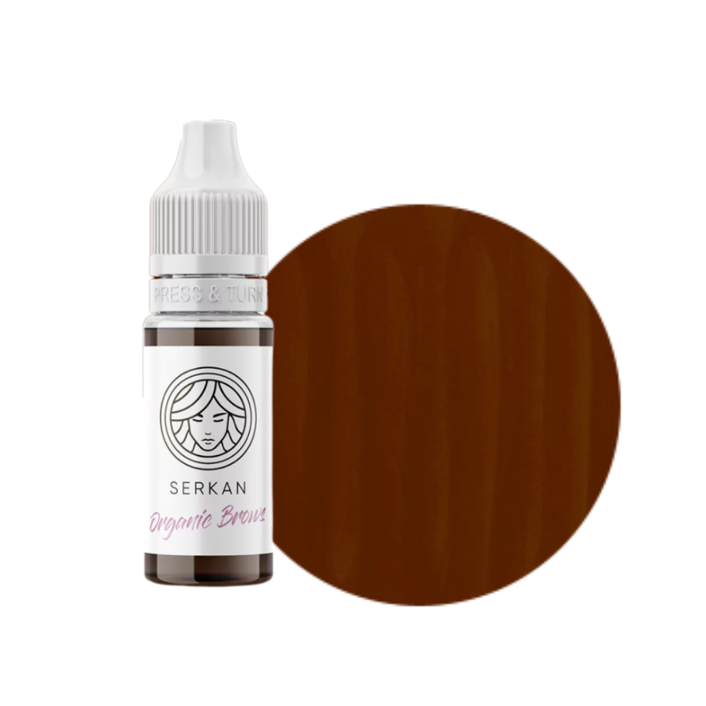 Textura y swatch del pigmento PMU FACE Serkan para cejas marrón cálido orgánico híbrido con acabado natural definido