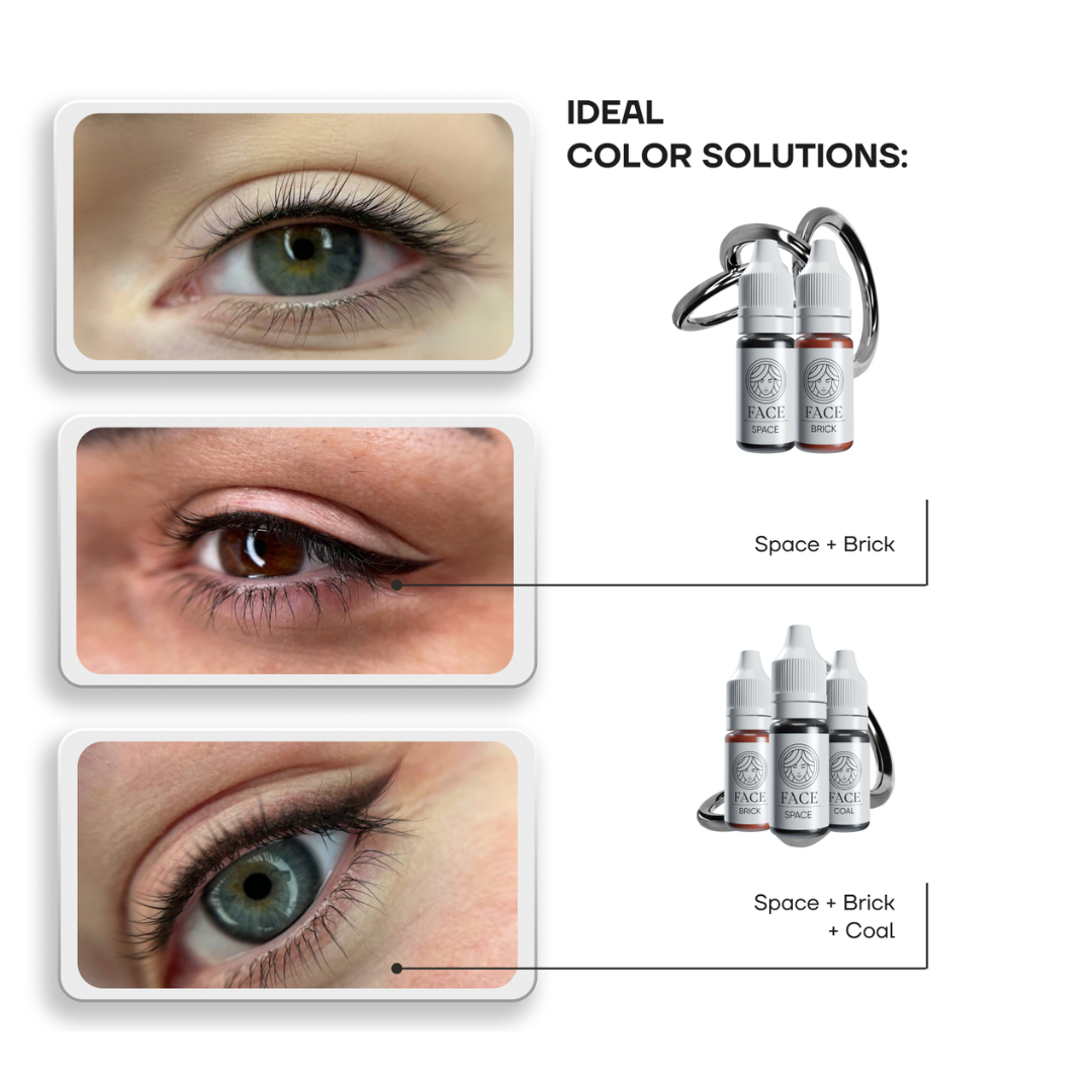 Mezclas recomendadas FACE Space para eyeliner PMU con combinaciones Space Cinnamon y Coal en micropigmentación de ojos