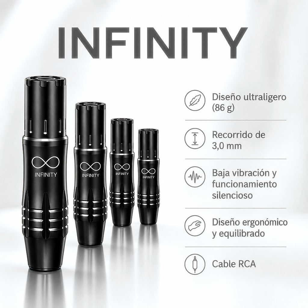 Infinity Mini máquina PMU de 86 g con stroke 3,0 mm, baja vibración, funcionamiento silencioso, diseño ergonómico y cable RCA