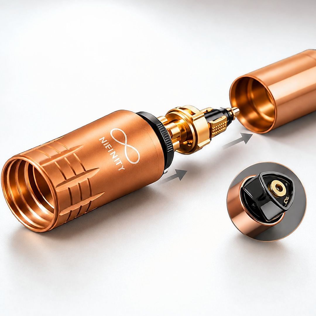 Máquina PMU Infinity Mini dorada desmontada mostrando el cuerpo y la conexión interna del dispositivo para micropigmentación profesional