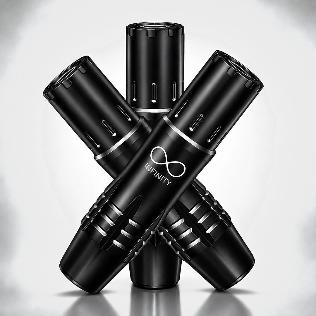 Máquina PMU Infinity Mini Stroke 3.0 negra en varias vistas, diseño compacto para maquillaje permanente profesional