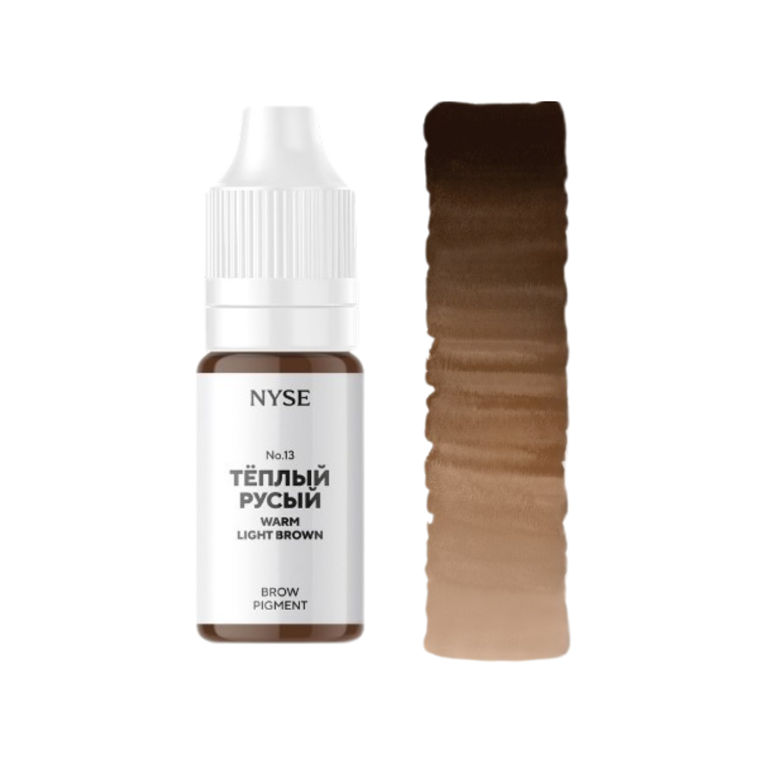 Pigmento PMU para cejas NYSE N.º 13 Warm Light Brown con muestra de color castaño claro y subtono cálido