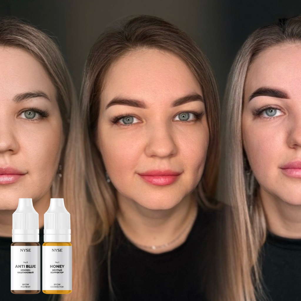Corrección de cejas con pigmento NYSE Anti Blue No5 marrón rojizo cálido neutralizando tonos grises y azulados en micropigmentación profesional