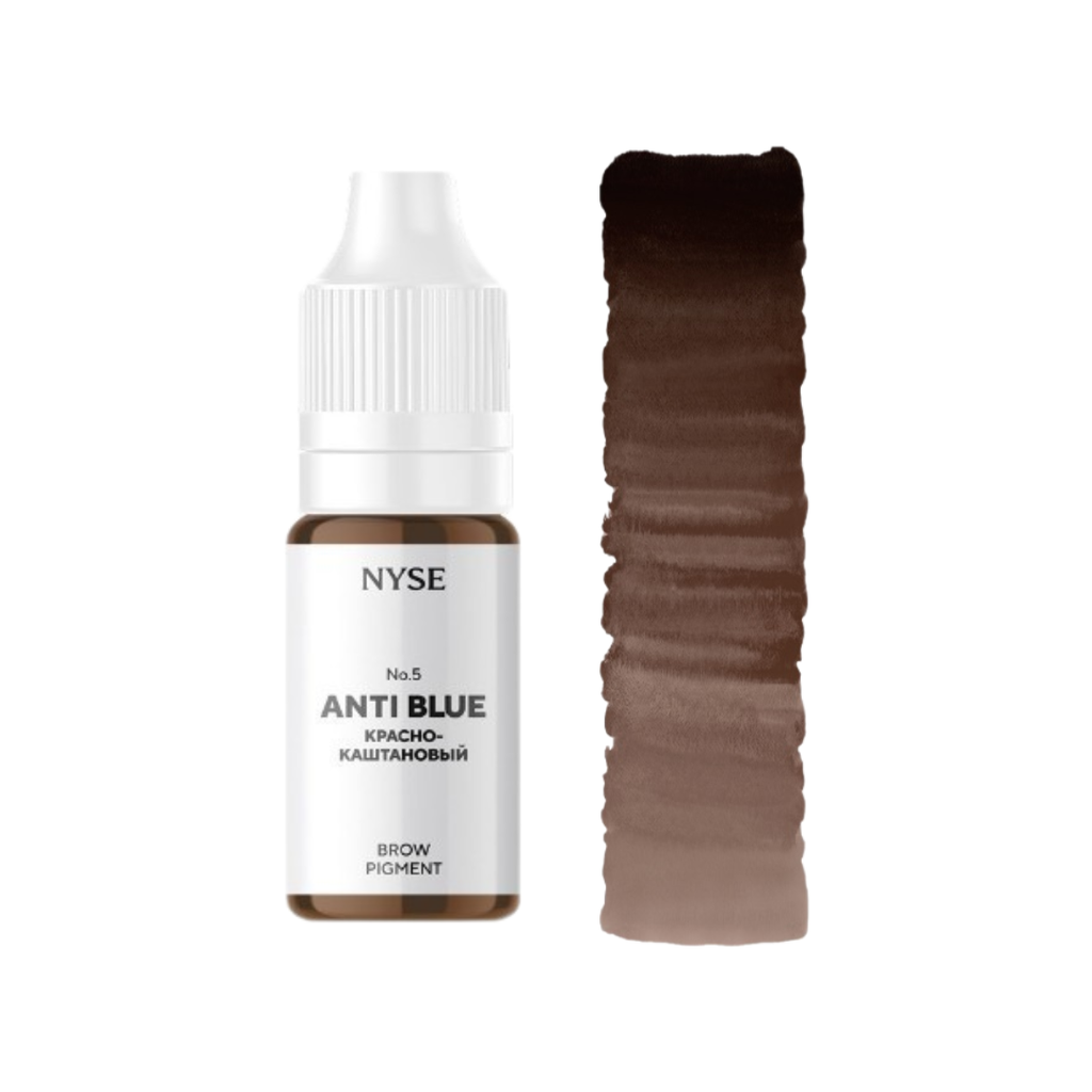 Pigmento corrector PMU para cejas NYSE Anti Blue No5 marrón rojizo cálido con swatch de color ideal para neutralización en microblading y powder brows 5 ml y 10 ml