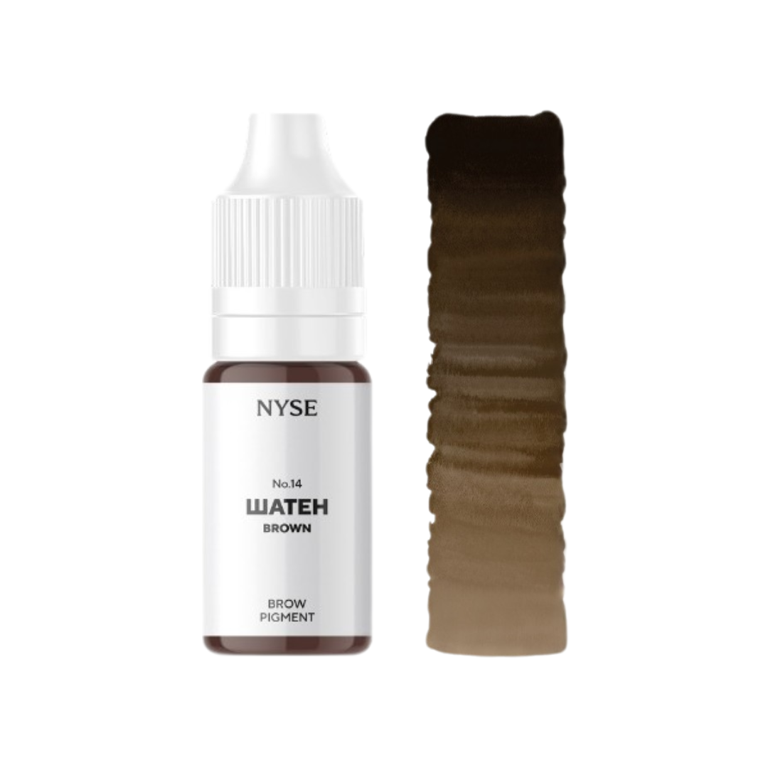 Pigmento PMU para cejas NYSE Brown No14 marrón medio neutro con swatch de color para micropigmentación profesional