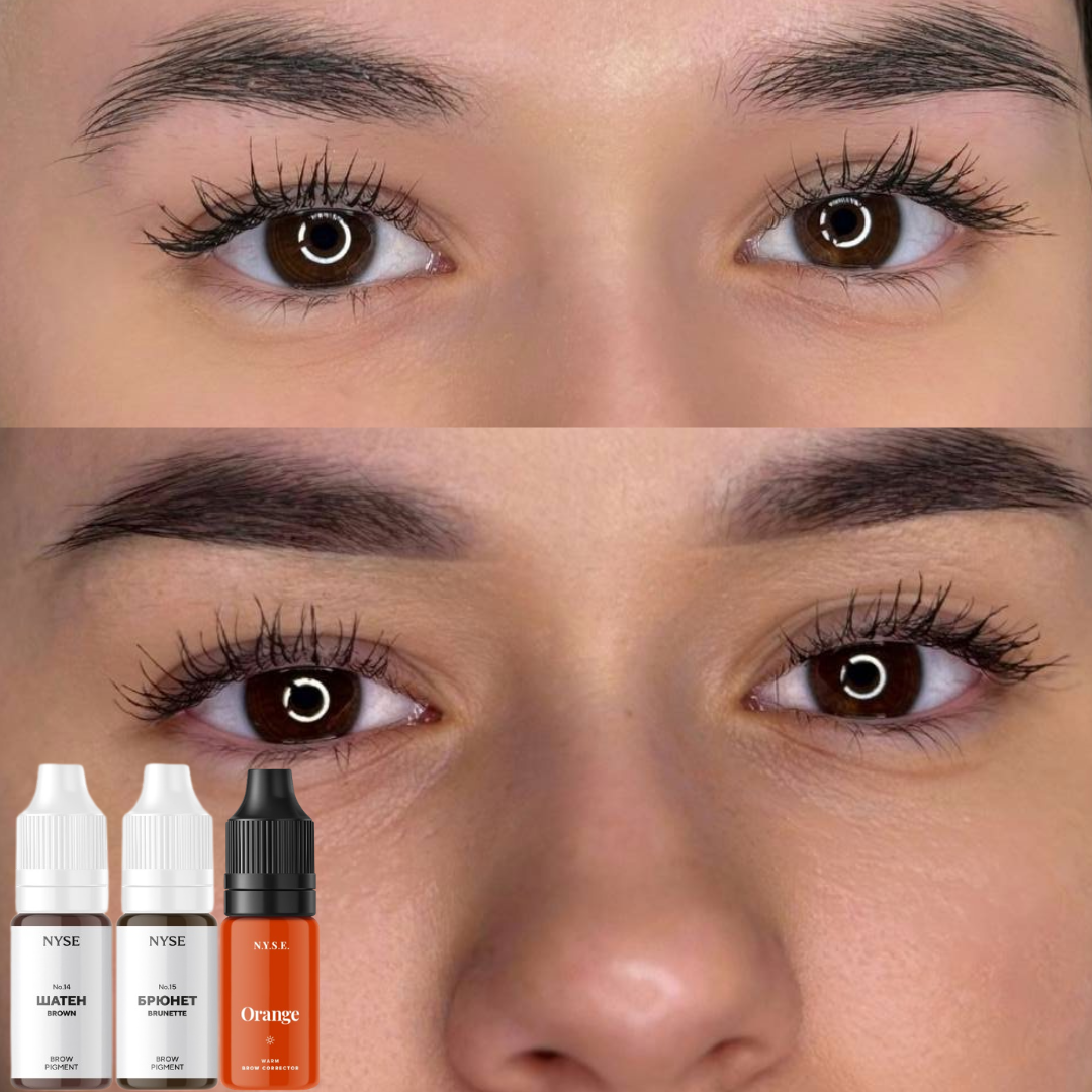 Antes y después de micropigmentación de cejas con NYSE Brunette No15 y corrector para neutralización de tonos en piel