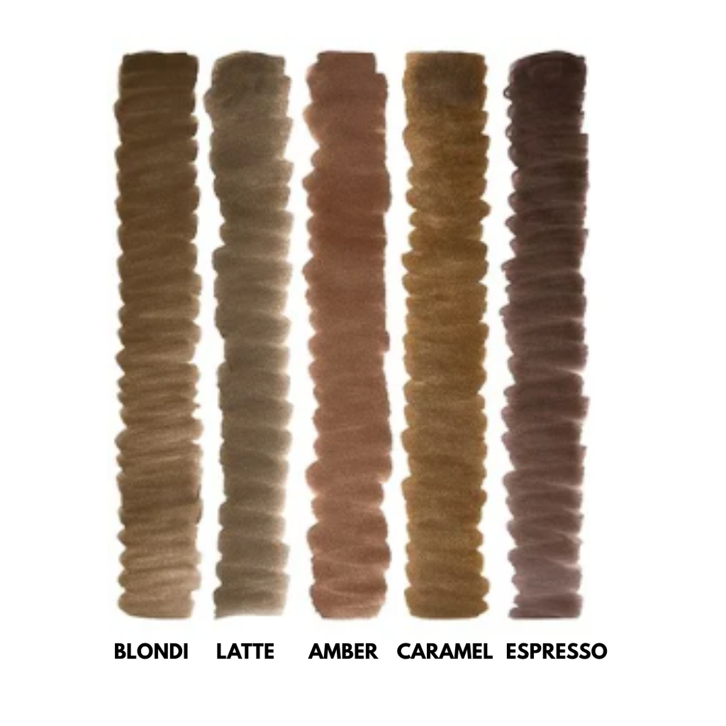 Guía de tonos de cejas NYSE con Caramel, Blondi, Latte, Amber y Espresso para micropigmentación profesional