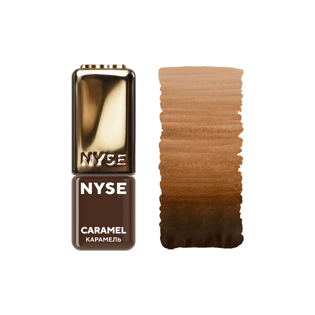 Pigmento PMU para cejas NYSE Caramel 5 ml con swatch marrón cálido dorado para micropigmentación profesional
